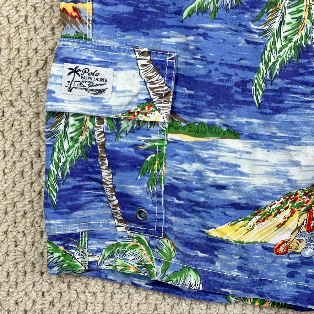 Vtg Polo Ralph Lauren Board Shorts Mens L Blue Swim Trunks Tie Front Palm Tree